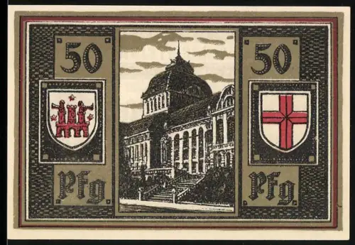 Notgeld Freiburg i. Br. 1921, 50 Pfennig, Rathaus und Wappenmotive