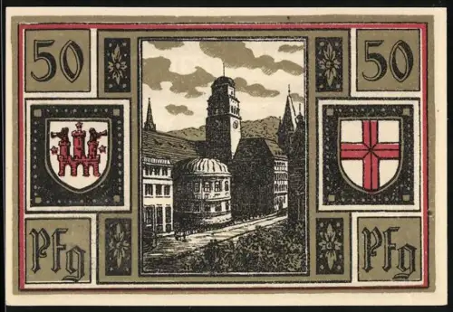 Notgeld Freiburg i. Br. 1921, 50 Pfennig, Ortsansicht mit zwei Wappen und Löwenemblem