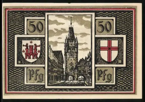 Notgeld Freiburg i. Br. 1921, 50 Pfennig, Stadttor und Wappenabbildungen