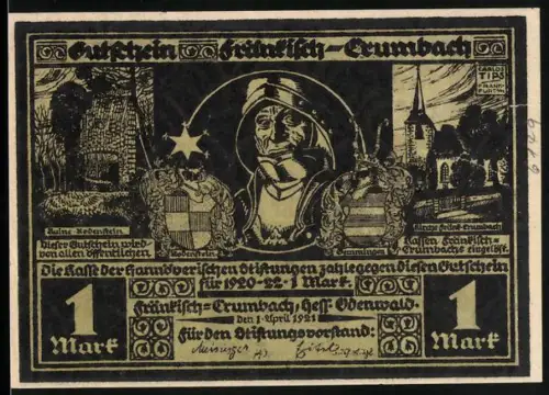 Notgeld Fränkisch-Crumbach 1921, 1 Mark, Ritter, Ruine Rodenstein und Kirche von Fränk.-Crumbach