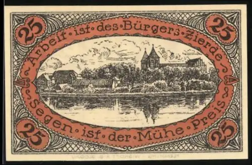 Notgeld Neidenburg /O.Pr. 1920, 25 Pfennig, Ortsansicht vom See aus und Wappen