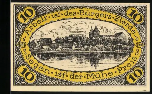 Notgeld Neidenburg /O.Pr. 1920, 10 Pfennig, Ortsansicht vom See aus und Wappen