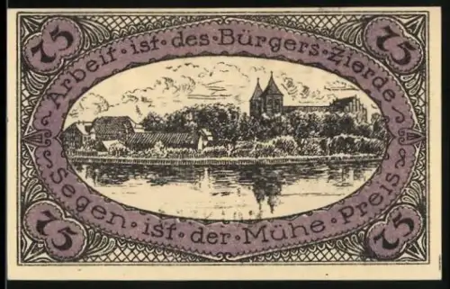Notgeld Neidenburg /O.Pr. 1920, 75 Pfennig, Flusslandschaft mit Blick auf die Kirche