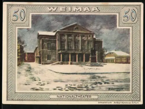 Notgeld Weimar 1921, 50 Pfennig, Nationaltheater im Winter und Wappen mit Helm und Löwe