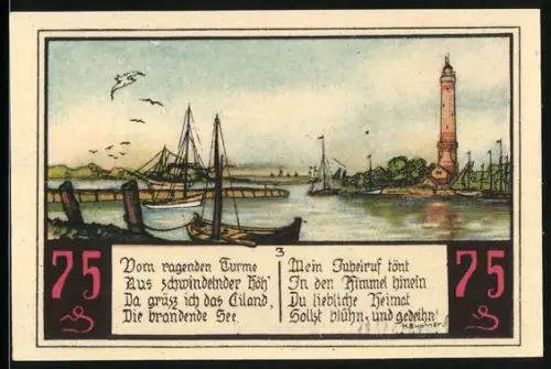 Notgeld Swinemünde, 75 Pfennig, Seemann am Steuerrad und Küstenlandschaft mit Leuchtturm und Segelschiffen