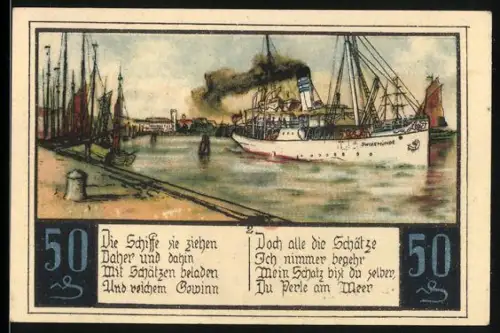 Notgeld Swinemünde, 50 Pfennig, Dampfschiff Swinemünde fährt in den Hafen ein, Steuermann mit Wappen