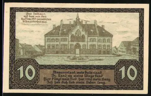 Notgeld Johannisburg /Ostpr. 1920, 10 Pfennig, Rathaus mit 1914 zerstörtem Bismarckdenkmal