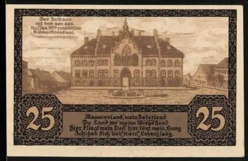 Notgeld Johannisburg /Ostpr. 1920, 25, Rathaus und Wappen, Erinnerung an Abstimmung am 11. Juli 1920