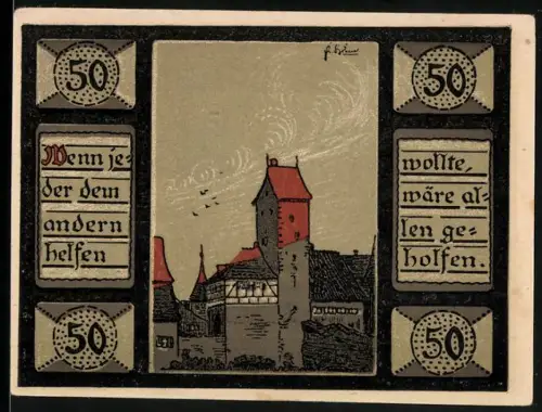 Notgeld Mainbernheim 1920, 50, Stadtszene und Wappen mit zwei Engeln