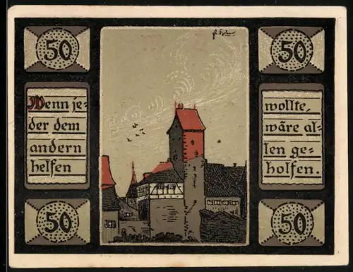 Notgeld Mainbernheim 1920, 50, Ortsansicht und geflügelte Figuren über Wappen