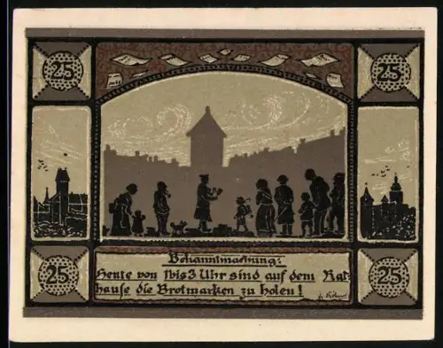 Notgeld Mainbernheim 1920, 25 Pfennig, Stadtsilhouette und Brotmarkenausgabe