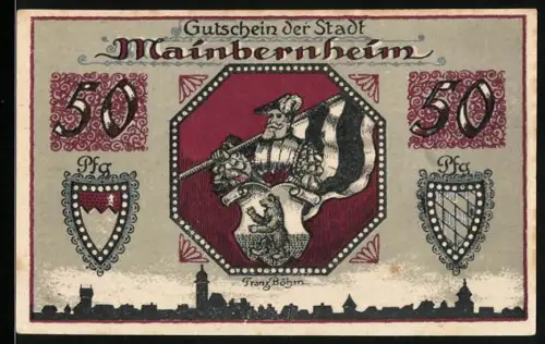 Notgeld Mainbernheim 1920, 50 Pfennig, Ritter mit Fahne und Ortspartie