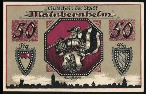Notgeld Mainbernheim 1920, 50 Pfennig, Ritter mit Wappen und Stadtszene
