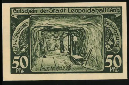 Notgeld Leopoldshall i. Anh. 1921, 50 Pfennig, Bergarbeiter im Stollen und Bergbauwappen mit Bergleuten