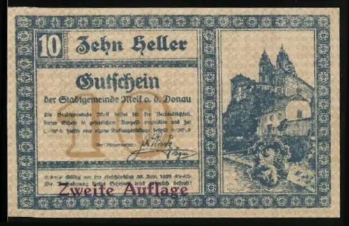 Notgeld Melk a. d. Donau 1920, 10 Heller, Stift Melk und Wappen