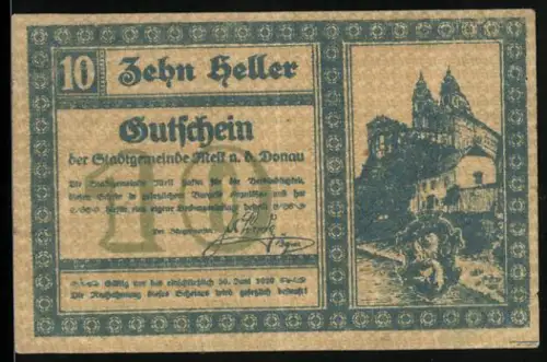Notgeld Melk a. d. Donau 1920, 10 Heller, Stift Melk und Wappen