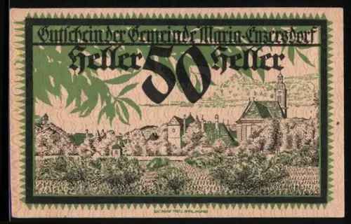 Notgeld Maria-Enzersdorf 1920, 50 Heller, Landschaftsansicht mit Kirche und Wappen