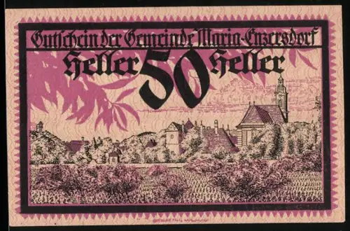 Notgeld Maria-Enzersdorf 1920, 50 Heller, Blick auf den Ort mit Kirche