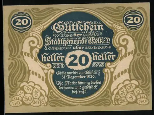 Notgeld Melk 1920, 20 Heller, Ortsansicht mit Turm Stift Melk