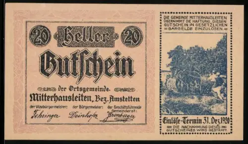 Notgeld Mitterhausleiten /Amstetten 1920, 20 Heller, ländliche Szene mit Pflug bei der Arbeit