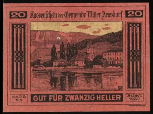 Notgeld Mitter-Arnsdorf a. D. 1920, 20 Heller, Landschaft mit Fluss und Gebäuden