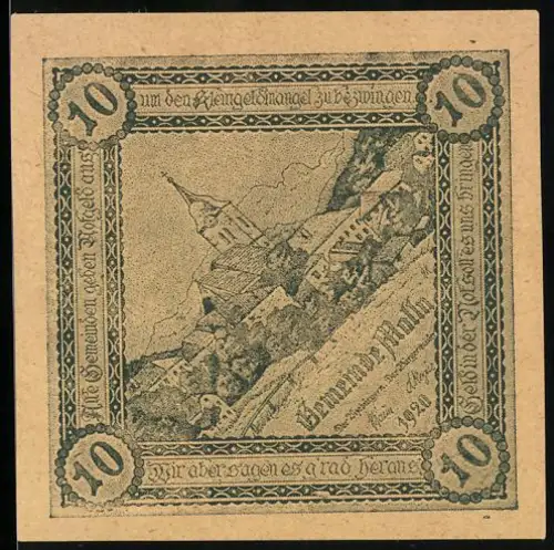 Notgeld Molln 1920, 10 Heller, Landschaft mit Kirche und Ornamenten