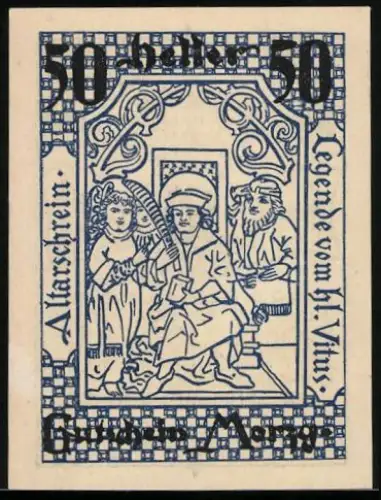 Notgeld Morzg 1920, 50 Heller, Altarschrein-Motiv und Ortsansicht mit Kirche und Burg