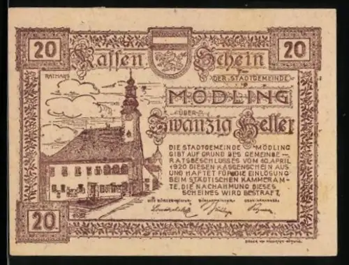 Notgeld Mödling 1920, 20 Heller, Rathaus mit Wappen und Textumrandung