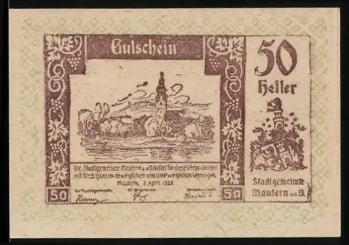 Notgeld Mautern a. d. D. 1920, 50 Heller, Landschaft mit Kirchturm und Stadtwappen