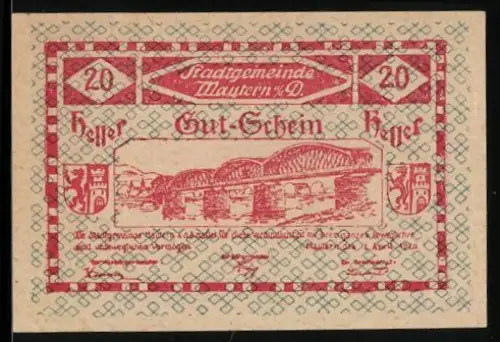 Notgeld Mautern a. d. D. 1920, 20 Heller, Brücke über die Donau mit Wappen