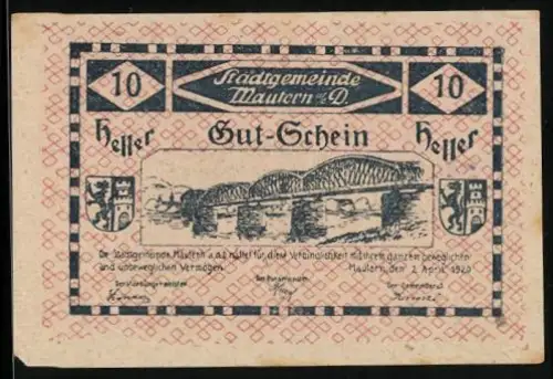 Notgeld Mautern a. d. D. 1920, 10 Heller, Donau-Brücke und Wappen