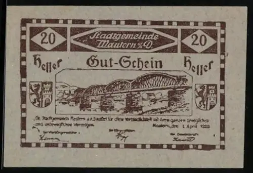 Notgeld Mautern a. d. D. 1920, 20 Heller, Brücke über die Donau mit Wappen