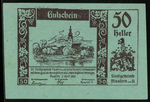 Notgeld Mautern a. d. D. 1920, 50 Heller, Ortsansicht mit Kirche und Wappen