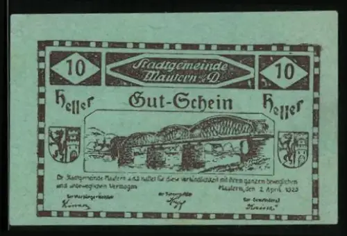 Notgeld Mautern a. d. D 1920, 10 Heller, Donau-Brücke-Motiv mit Wappen