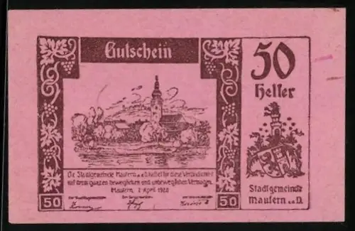 Notgeld Mautern a. d. D. 1920, 50 Heller, Ortsansicht mit Kirche und Wappen