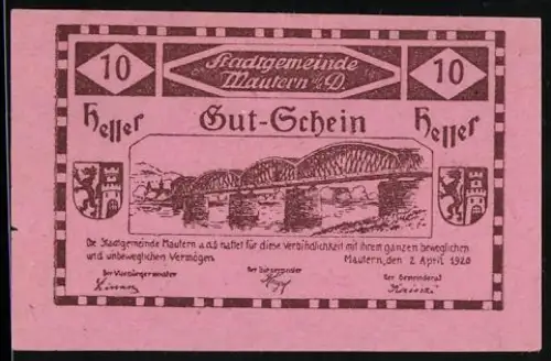 Notgeld Mautern a. d. D. 1920, 10 Heller, Donau-Brücke und Wappen