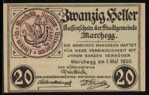 Notgeld Marchegg 1920, 20 Heller, Siegel mit Adler