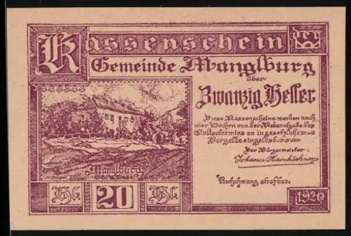 Notgeld Manglburg /O.Ö. 1920, 20 Heller, Teilansicht des Ortes und dekorativer Rahmen