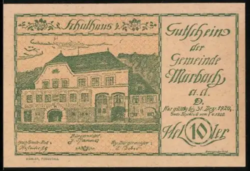 Notgeld Marbach a. d. D. 1920, 10 Heller, Schulhausabbildung