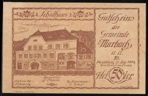 Notgeld Marbach a. d. D. 1920, 50 Heller, Ansicht vom Schulhaus