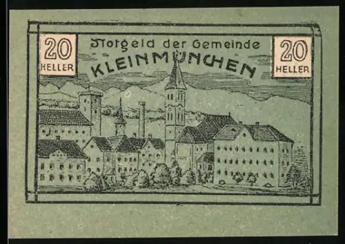Notgeld Kleinmünchen 1920, 20 Heller, Ortsansicht mit Kirche und Wohngebäuden