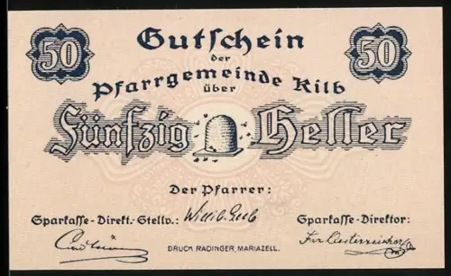 Notgeld Kilb 1920, 50 Heller, dekorative Schrift und Glockenmotiv