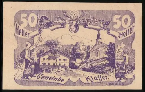 Notgeld Klaffer /O.-Ö. 1920, 50 Heller, Ortsansicht mit Kirche und Hirschkopf