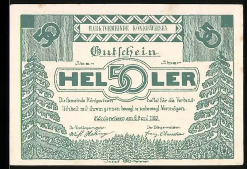 Notgeld Königswiesen 1920, 50 Heller, Tannen und Wappen mit Hase
