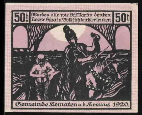 Notgeld Kematen a. d. Krems 1920, 50 Heller, Szene mit St. Martin und Landschaft mit Kirche