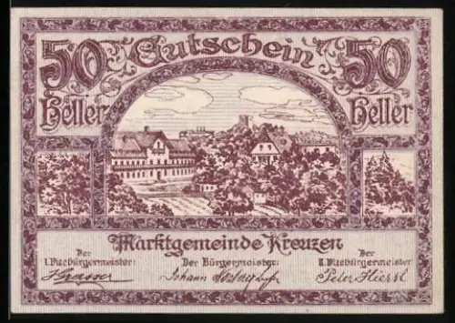 Notgeld Kreuzen, 50 Heller, Ortsansicht aus der Vogelschau