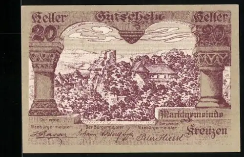 Notgeld Kreuzen, 20 Heller, Blick auf Burgruine und Landschaftsmotiv