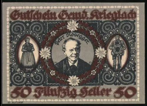 Notgeld Krieglach 1920, 50 Heller, Porträt von Peter Rosegger und traditionelle Figuren, Gebäudeabbildungen