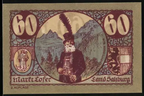 Notgeld Lofer /Salzburg 1921, 60 Heller, Mann in Tracht vor Berglandschaft und Trommler