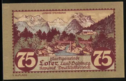 Notgeld Lofer /Salzburg 1921, 75 Heller, Loferer Steinberge und Kirche mit Denkmal